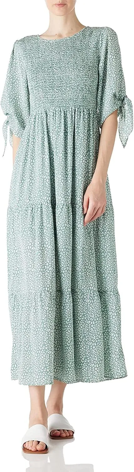 LUSMAY Women's Casual Tie 3/4 Sleeve Floral Maxi Dresses Summer Party Smocked Long Dress