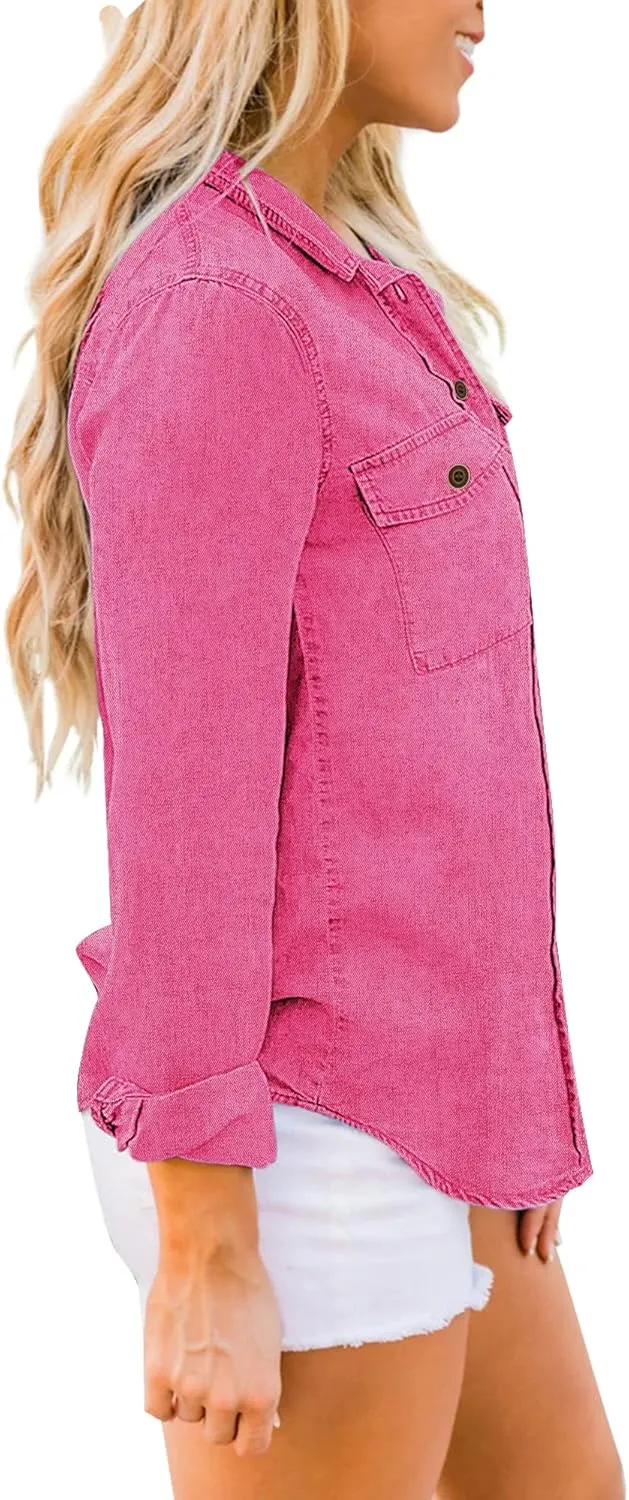 luvamia Denim Shirt Women Chambray Jean Western Shirts Long Sleeve Button Down Tops