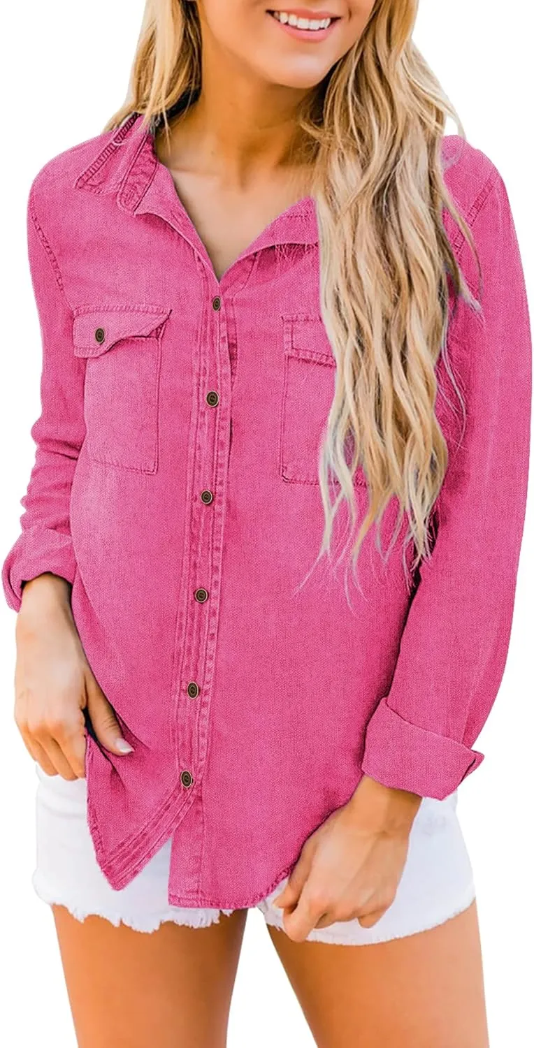 luvamia Denim Shirt Women Chambray Jean Western Shirts Long Sleeve Button Down Tops