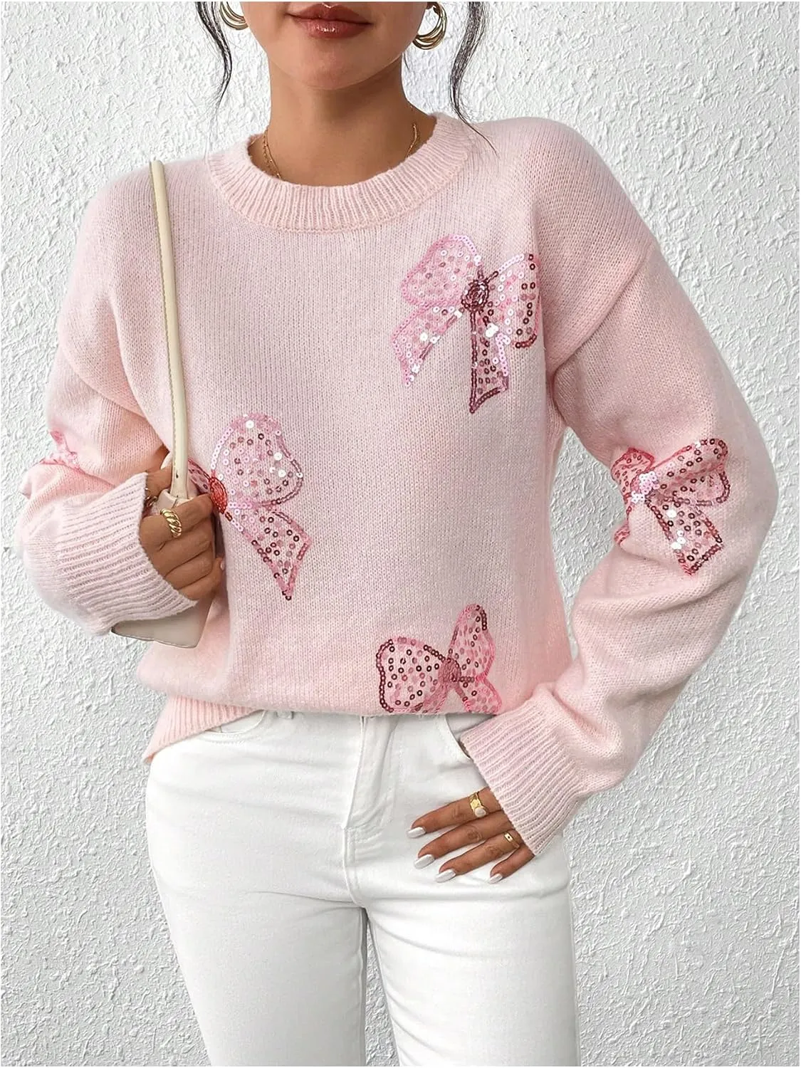 MakeMeChic Women's Crew Neck Sweater Bow Knot Sequin Long Sleeve Drop Shoulder Knit Top