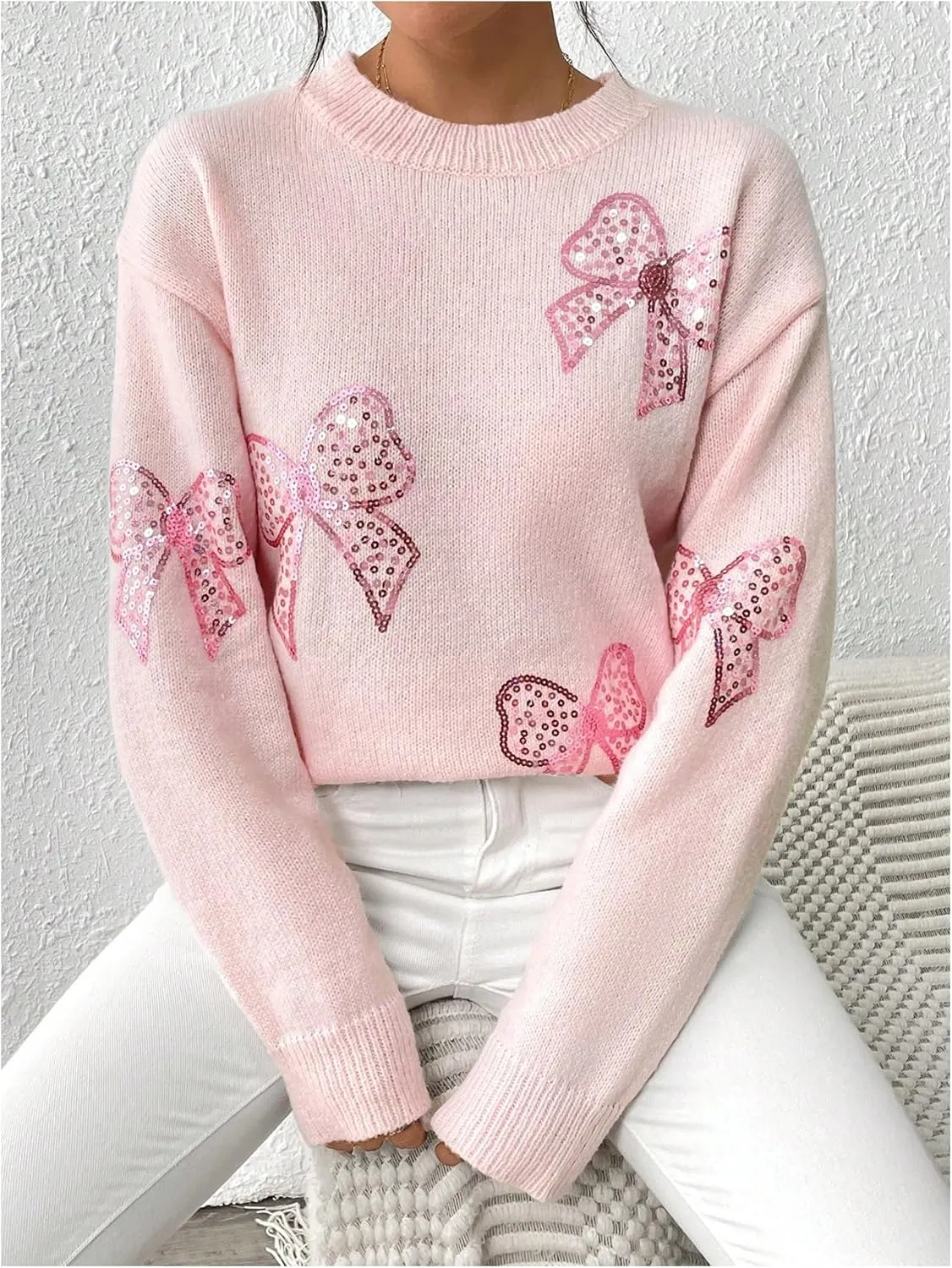 MakeMeChic Women's Crew Neck Sweater Bow Knot Sequin Long Sleeve Drop Shoulder Knit Top