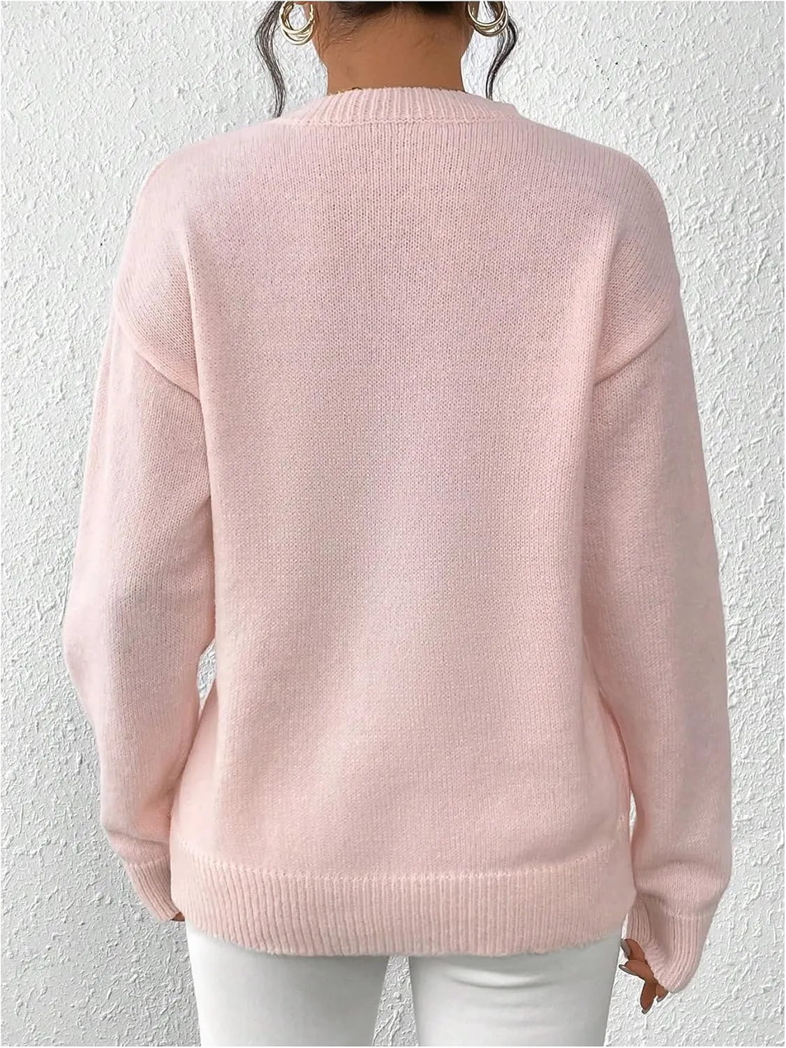 MakeMeChic Women's Crew Neck Sweater Bow Knot Sequin Long Sleeve Drop Shoulder Knit Top