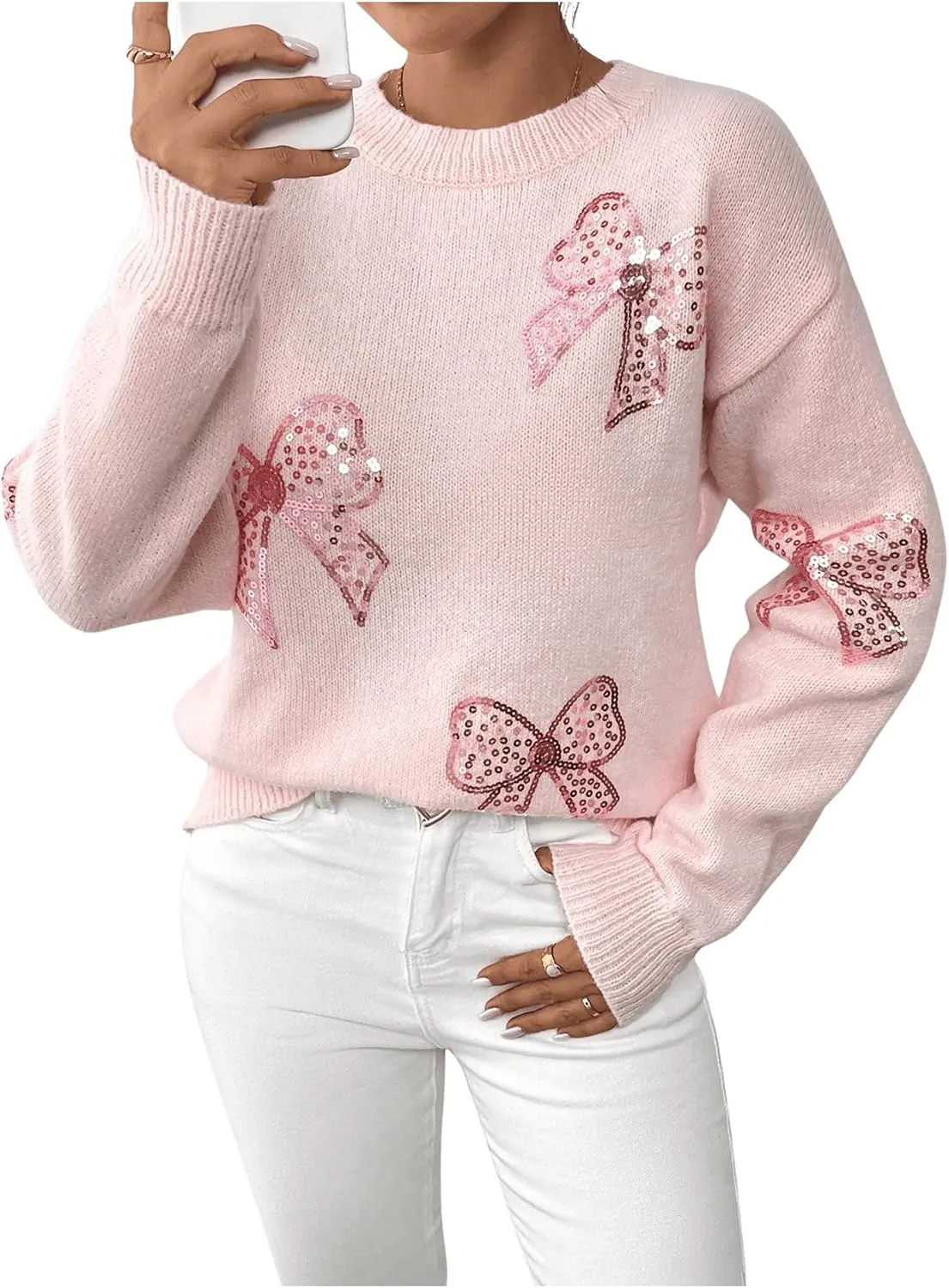 MakeMeChic Women's Crew Neck Sweater Bow Knot Sequin Long Sleeve Drop Shoulder Knit Top