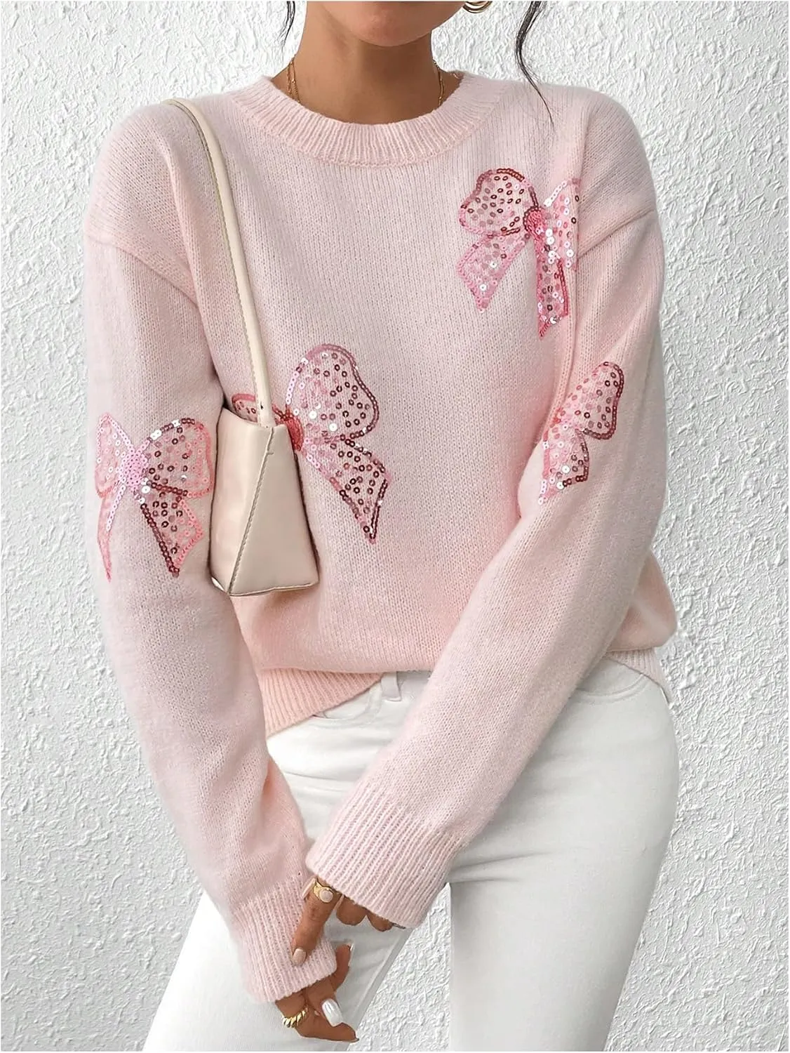MakeMeChic Women's Crew Neck Sweater Bow Knot Sequin Long Sleeve Drop Shoulder Knit Top