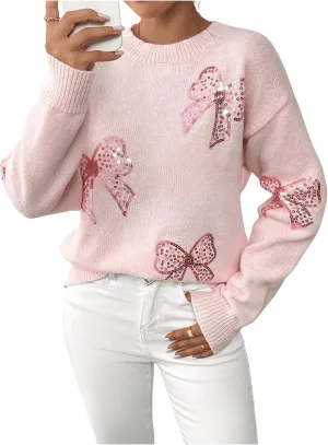 MakeMeChic Women's Crew Neck Sweater Bow Knot Sequin Long Sleeve Drop Shoulder Knit Top