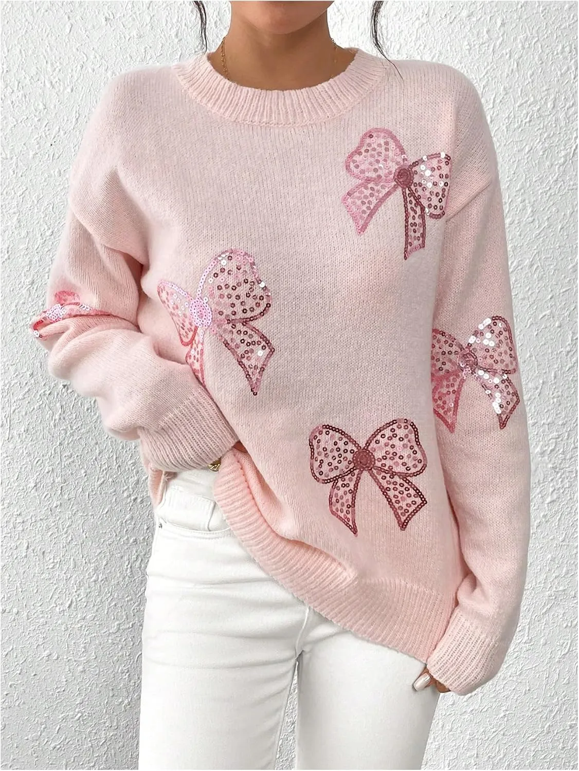 MakeMeChic Women's Crew Neck Sweater Bow Knot Sequin Long Sleeve Drop Shoulder Knit Top