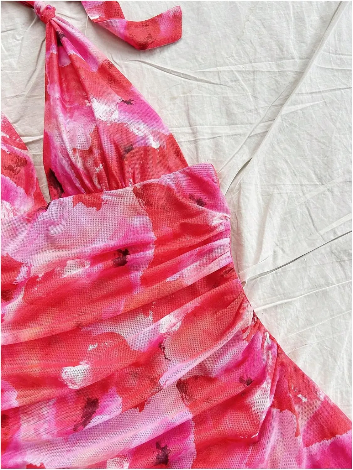 MakeMeChic Women's Floral Print Halter Ruched Tie Back Sleeveless A Line Summer Mini Dresses