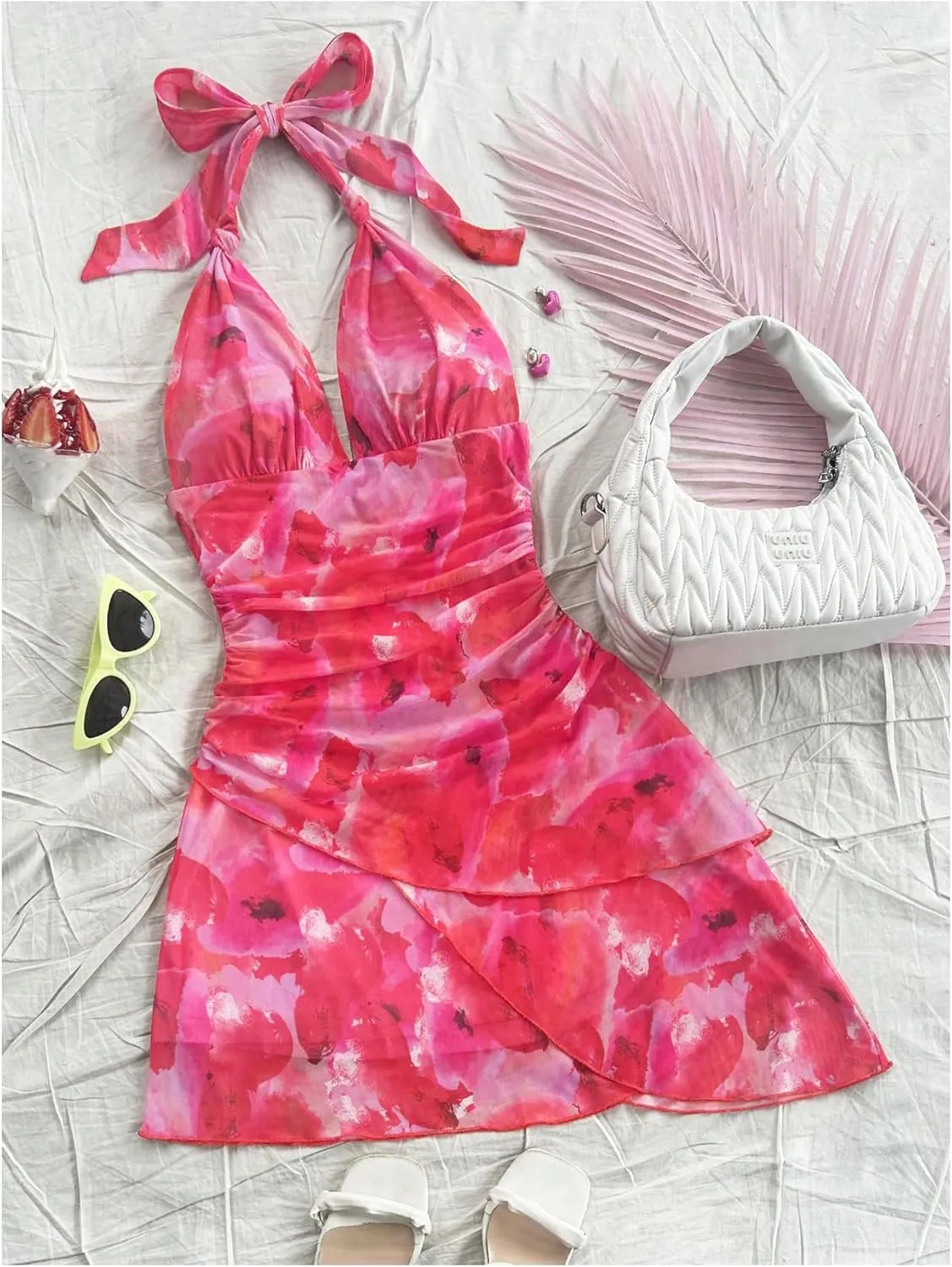 MakeMeChic Women's Floral Print Halter Ruched Tie Back Sleeveless A Line Summer Mini Dresses