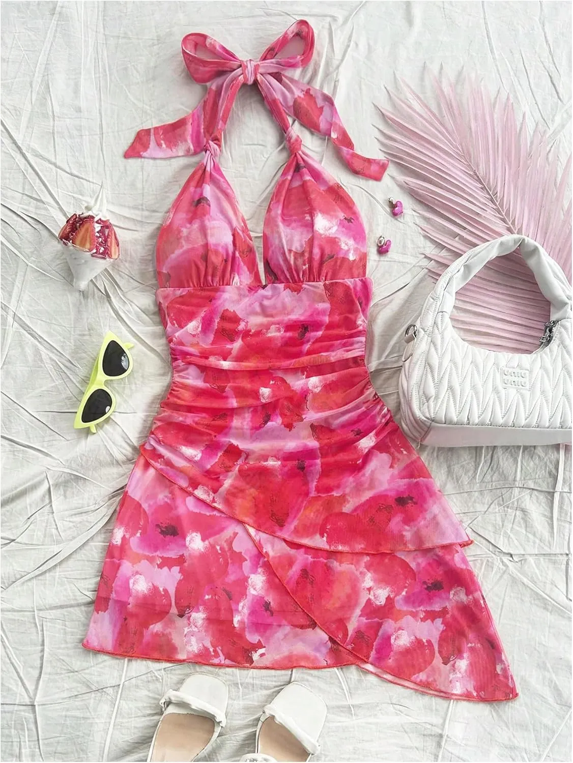 MakeMeChic Women's Floral Print Halter Ruched Tie Back Sleeveless A Line Summer Mini Dresses