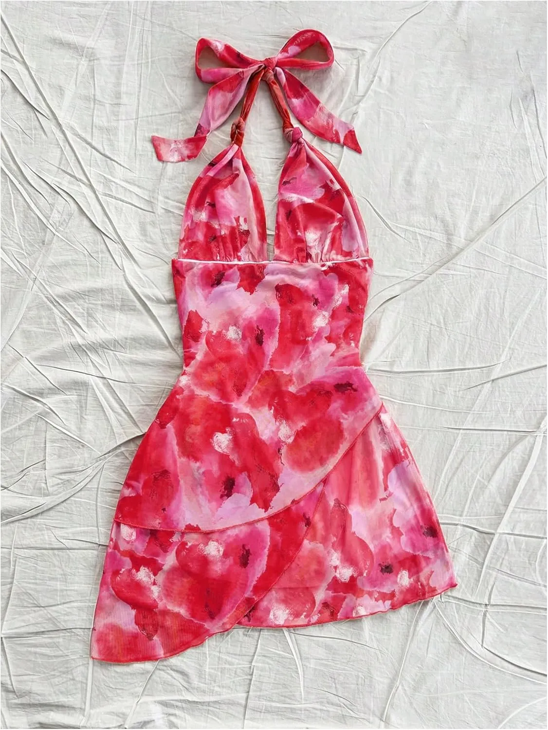 MakeMeChic Women's Floral Print Halter Ruched Tie Back Sleeveless A Line Summer Mini Dresses