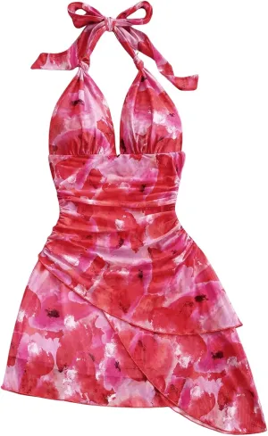 MakeMeChic Women's Floral Print Halter Ruched Tie Back Sleeveless A Line Summer Mini Dresses
