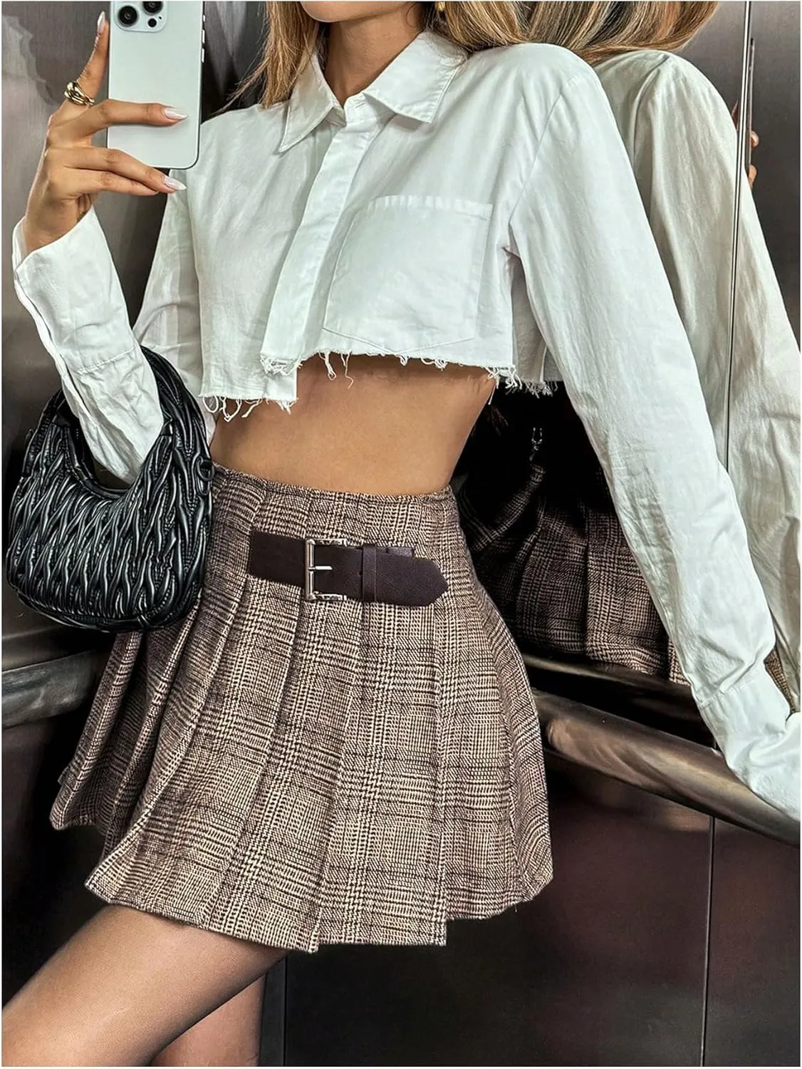 MakeMeChic Women's Plaid Pleated Mini Skirt High Waist Buckle Skater Skirts