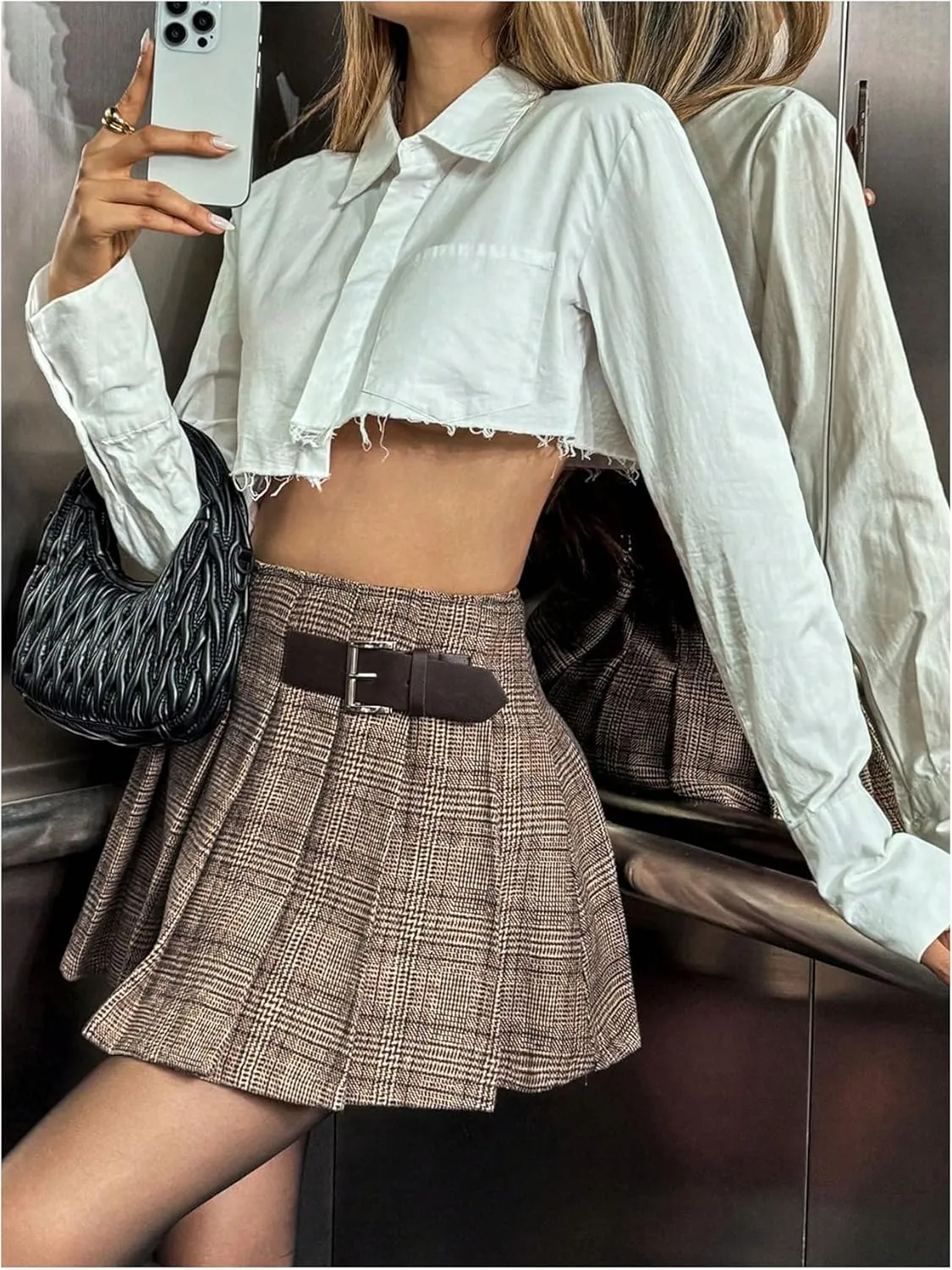MakeMeChic Women's Plaid Pleated Mini Skirt High Waist Buckle Skater Skirts