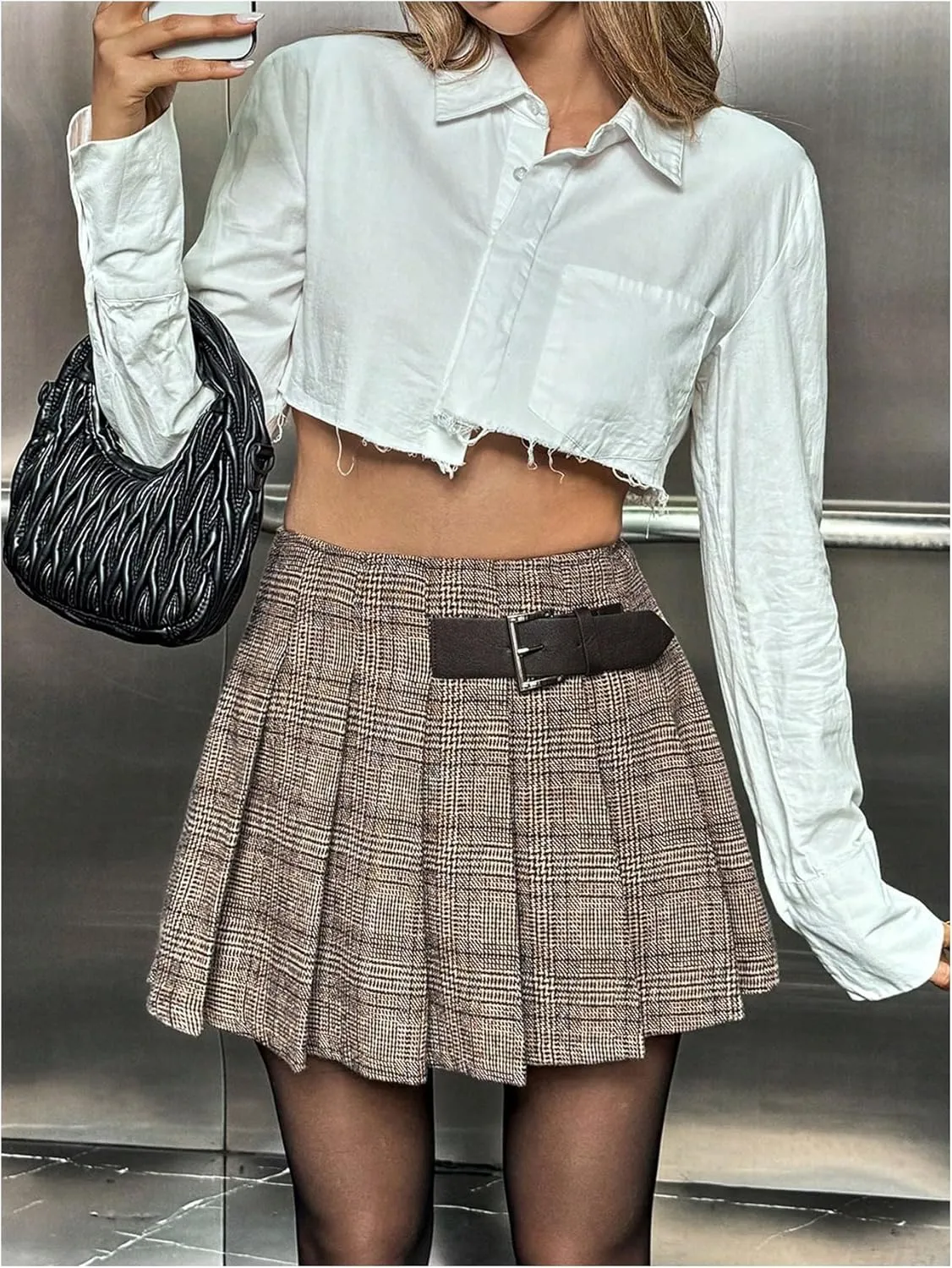 MakeMeChic Women's Plaid Pleated Mini Skirt High Waist Buckle Skater Skirts