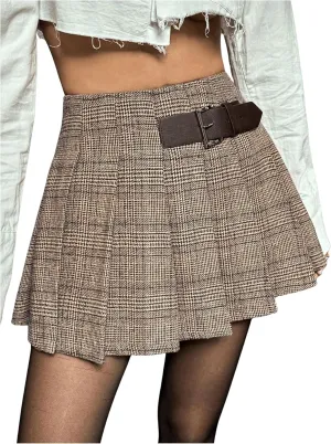 MakeMeChic Women's Plaid Pleated Mini Skirt High Waist Buckle Skater Skirts