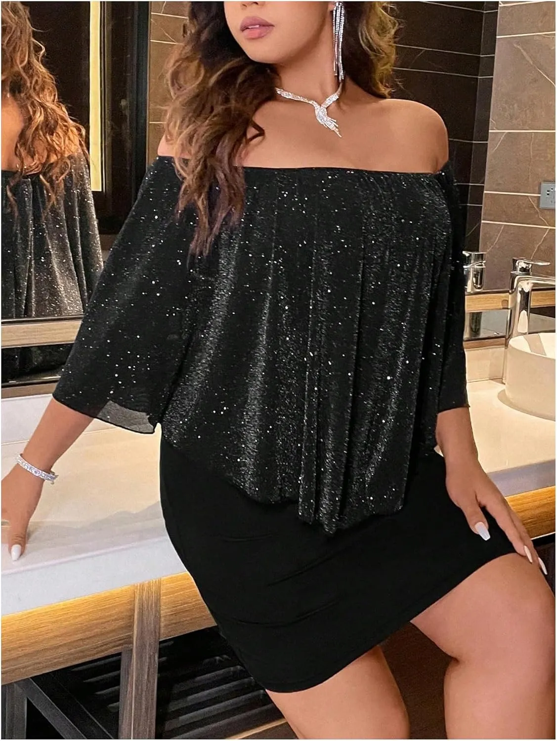 MakeMeChic Women's Plus Size Sparkly Dress Off Shoulder Cloak Sleeve Dresses Bodycon Elegant Short Dress