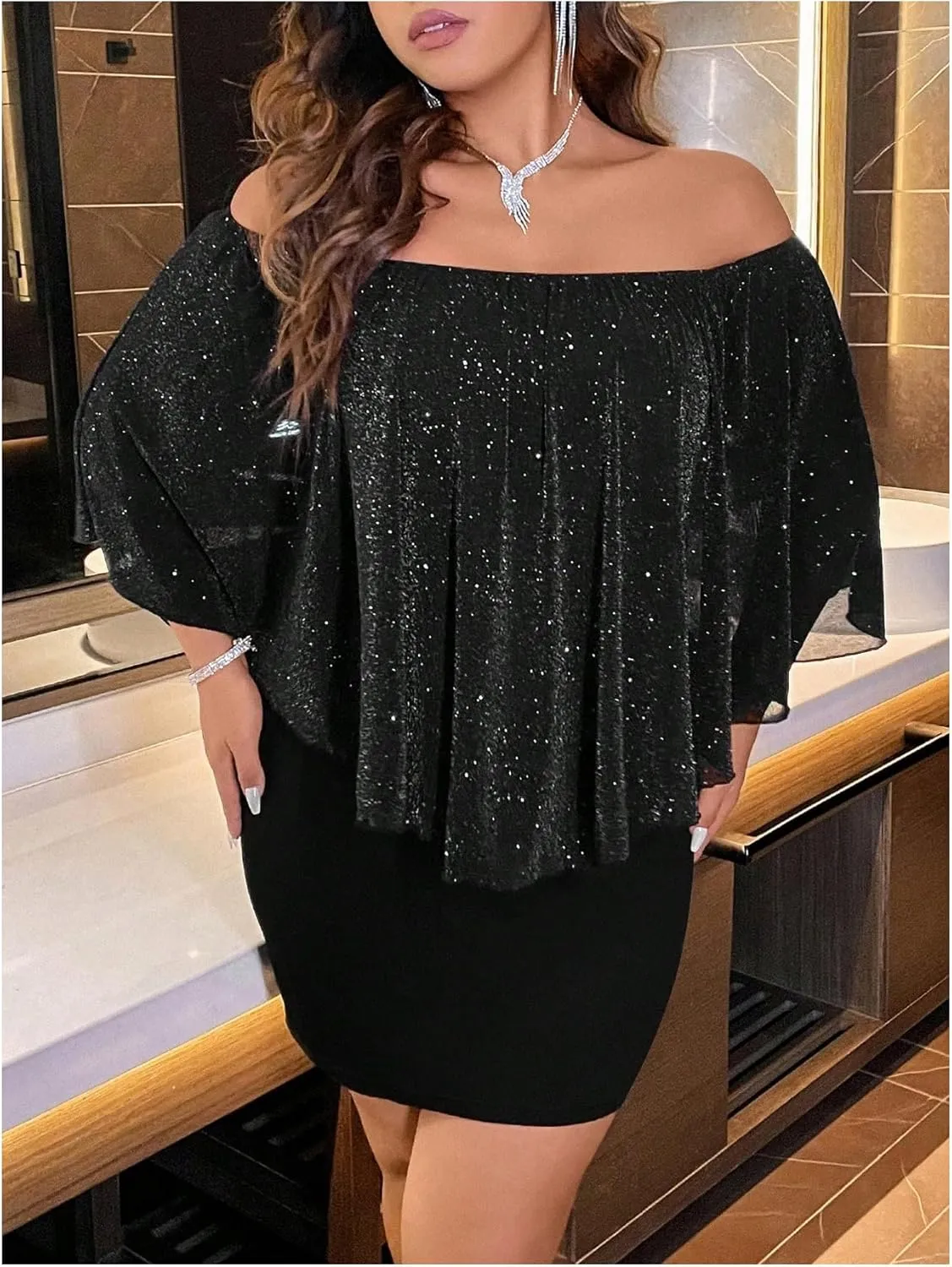 MakeMeChic Women's Plus Size Sparkly Dress Off Shoulder Cloak Sleeve Dresses Bodycon Elegant Short Dress