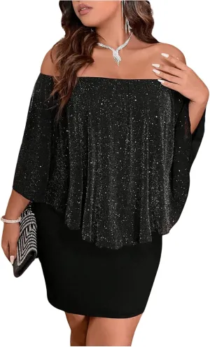 MakeMeChic Women's Plus Size Sparkly Dress Off Shoulder Cloak Sleeve Dresses Bodycon Elegant Short Dress