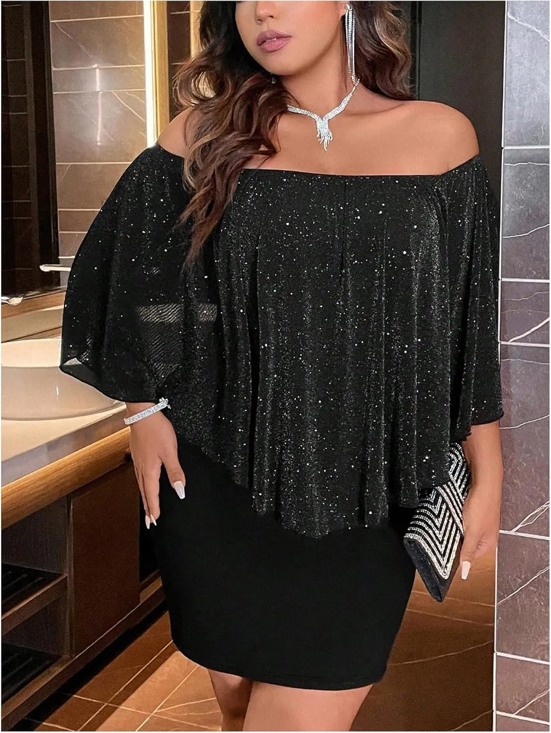 MakeMeChic Women's Plus Size Sparkly Dress Off Shoulder Cloak Sleeve Dresses Bodycon Elegant Short Dress