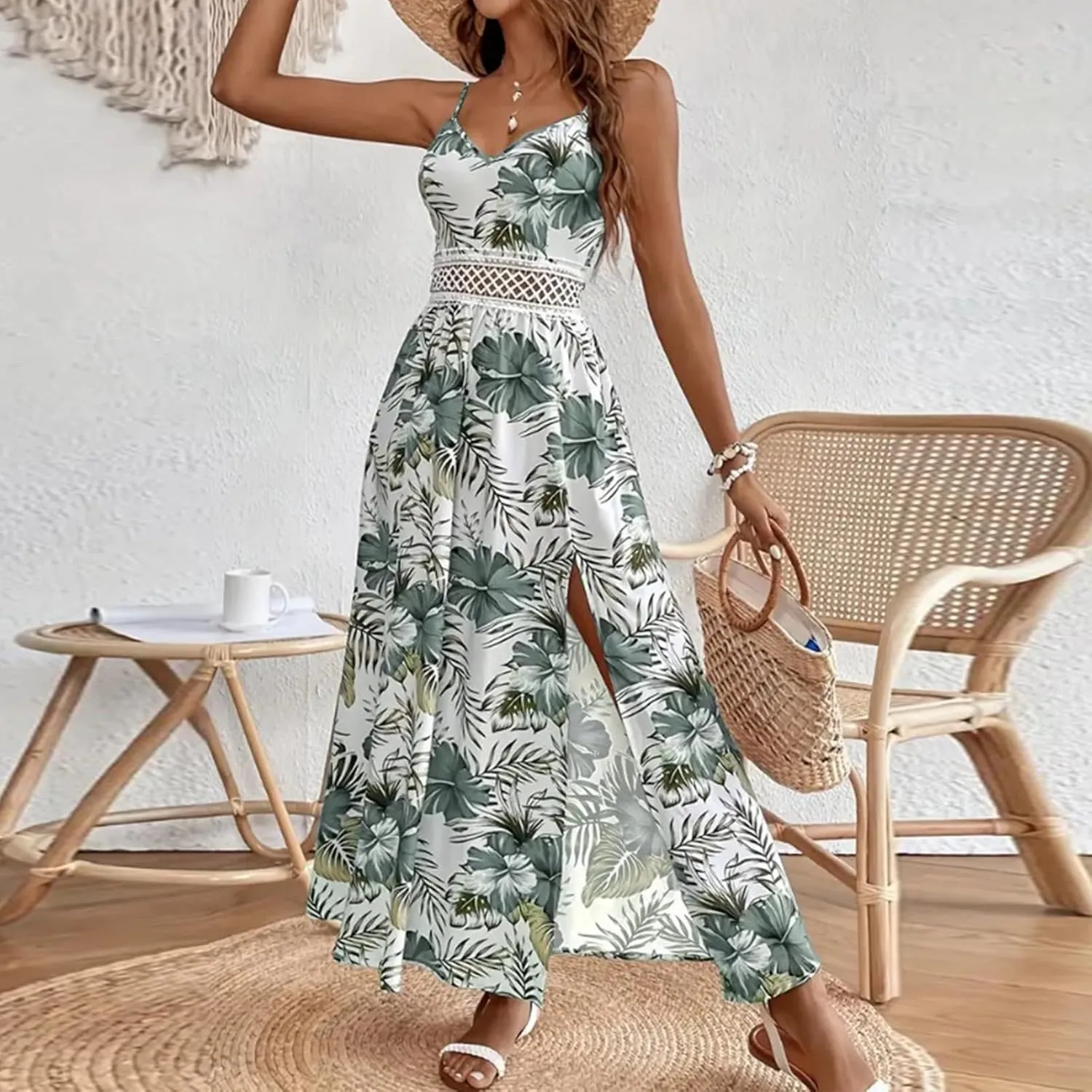 Maxi Dresses for Women 2025 Summer Sexy Spaghetti Strap Floral V Neck Dress Boho Cut Out Waist Slit Long Sundress