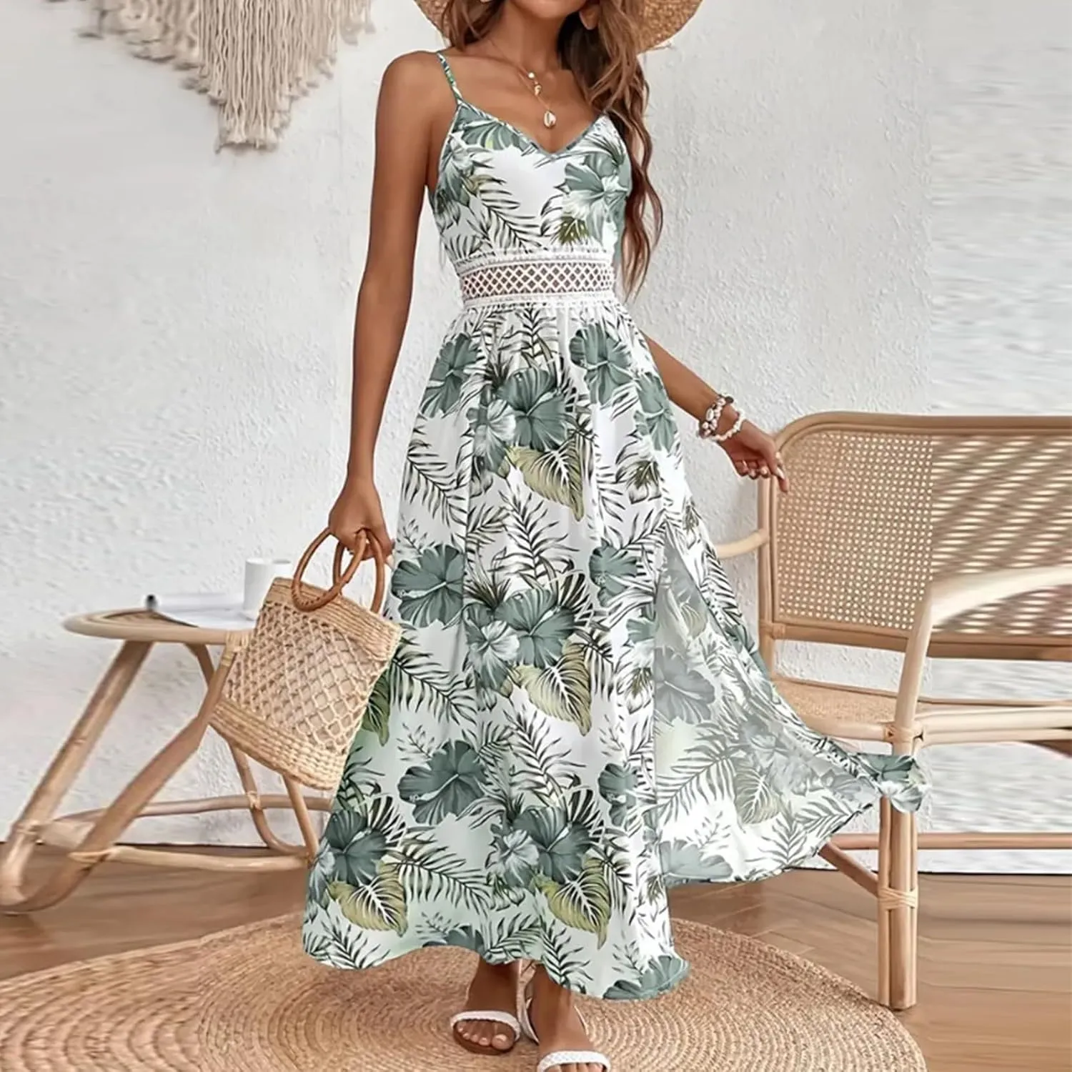 Maxi Dresses for Women 2025 Summer Sexy Spaghetti Strap Floral V Neck Dress Boho Cut Out Waist Slit Long Sundress