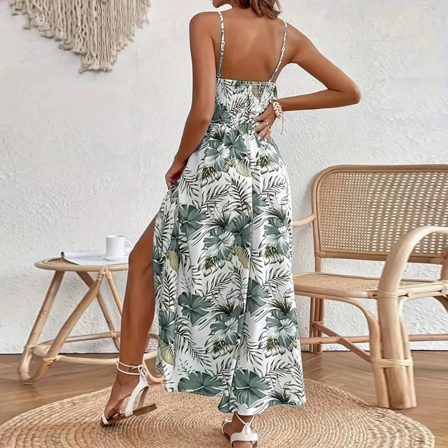 Maxi Dresses for Women 2025 Summer Sexy Spaghetti Strap Floral V Neck Dress Boho Cut Out Waist Slit Long Sundress