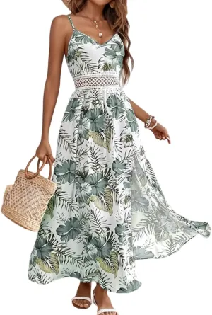 Maxi Dresses for Women 2025 Summer Sexy Spaghetti Strap Floral V Neck Dress Boho Cut Out Waist Slit Long Sundress