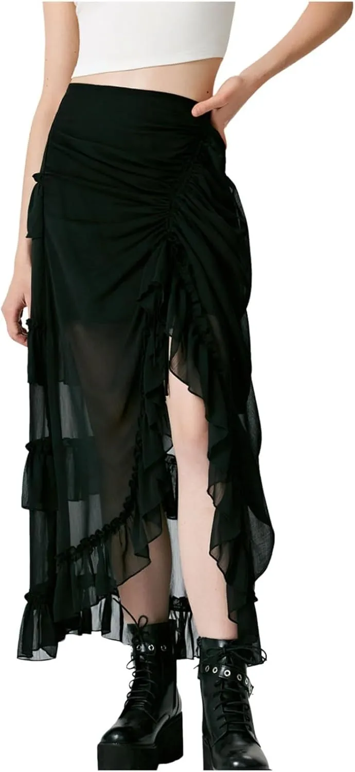 Maxi Skirts for Women Women's Halloween Skirt Irregular Ruffled Skirt Plus Size Skirts Mesh Steampunk Skirt
