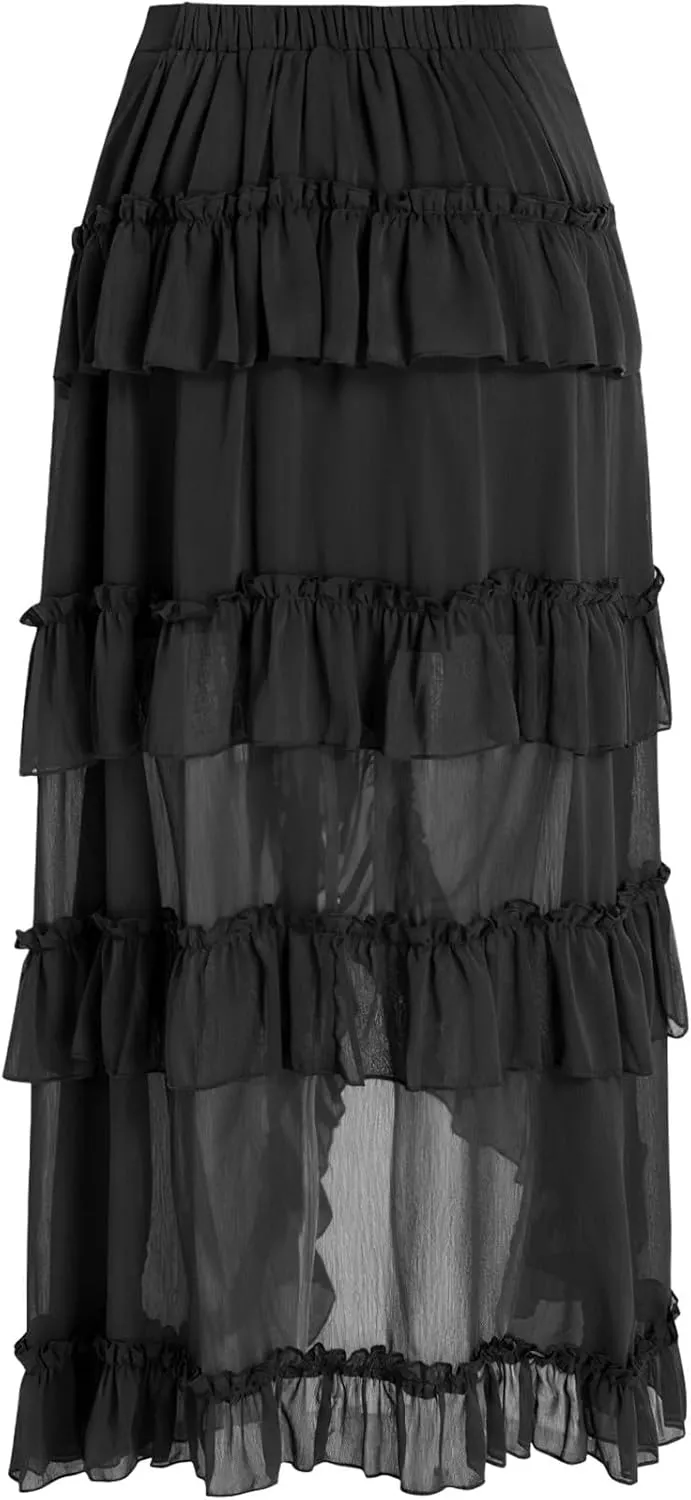 Maxi Skirts for Women Women's Halloween Skirt Irregular Ruffled Skirt Plus Size Skirts Mesh Steampunk Skirt
