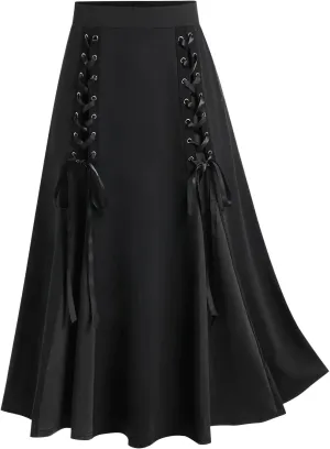 Maxi Skirts Women's Victorian Skirt Vintage A-Line Long Midi Skirt Lace Up Gothic Pleated Skirt Solid Long Skirts