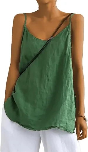 Mayntop Women Camisole Cotton Linen Spaghetti Strap Cami Top Sleeveless V-Neck Solid Color Plain Loose Basic Tank