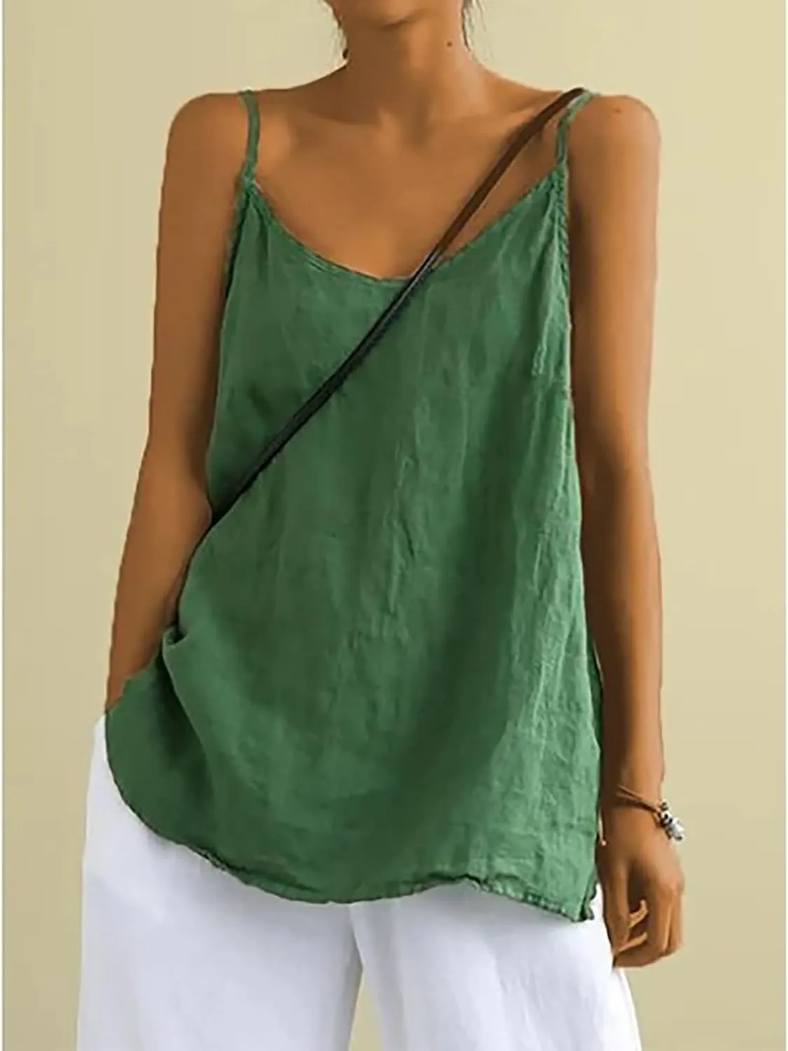 Mayntop Women Camisole Cotton Linen Spaghetti Strap Cami Top Sleeveless V-Neck Solid Color Plain Loose Basic Tank