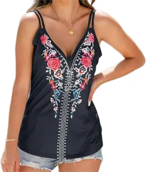 Melliflo Womens Embroidered Boho Tank Tops Spaghetti Strap Sleeveless V Neck Mexican Shirts Cami