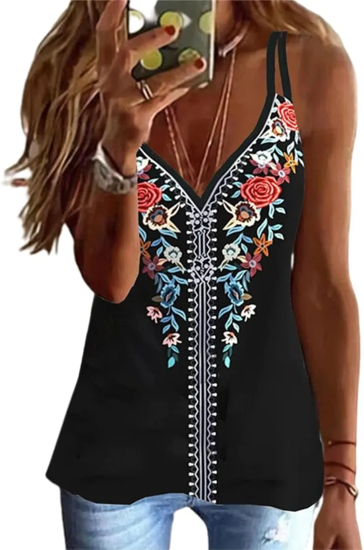 Melliflo Womens Embroidered Boho Tank Tops Spaghetti Strap Sleeveless V Neck Mexican Shirts Cami