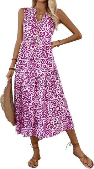 Melliflo Women's Summer Graphic Print Midi Dresses Sleeveless Buttons V Neck Tiered Sundress Casual Loose Fit Beach Dress