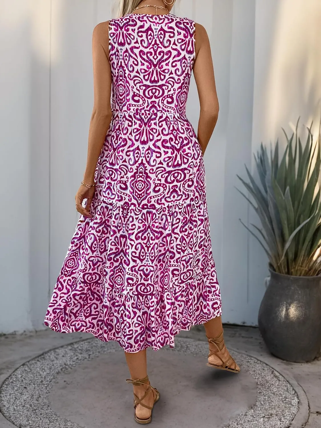 Melliflo Women's Summer Graphic Print Midi Dresses Sleeveless Buttons V Neck Tiered Sundress Casual Loose Fit Beach Dress