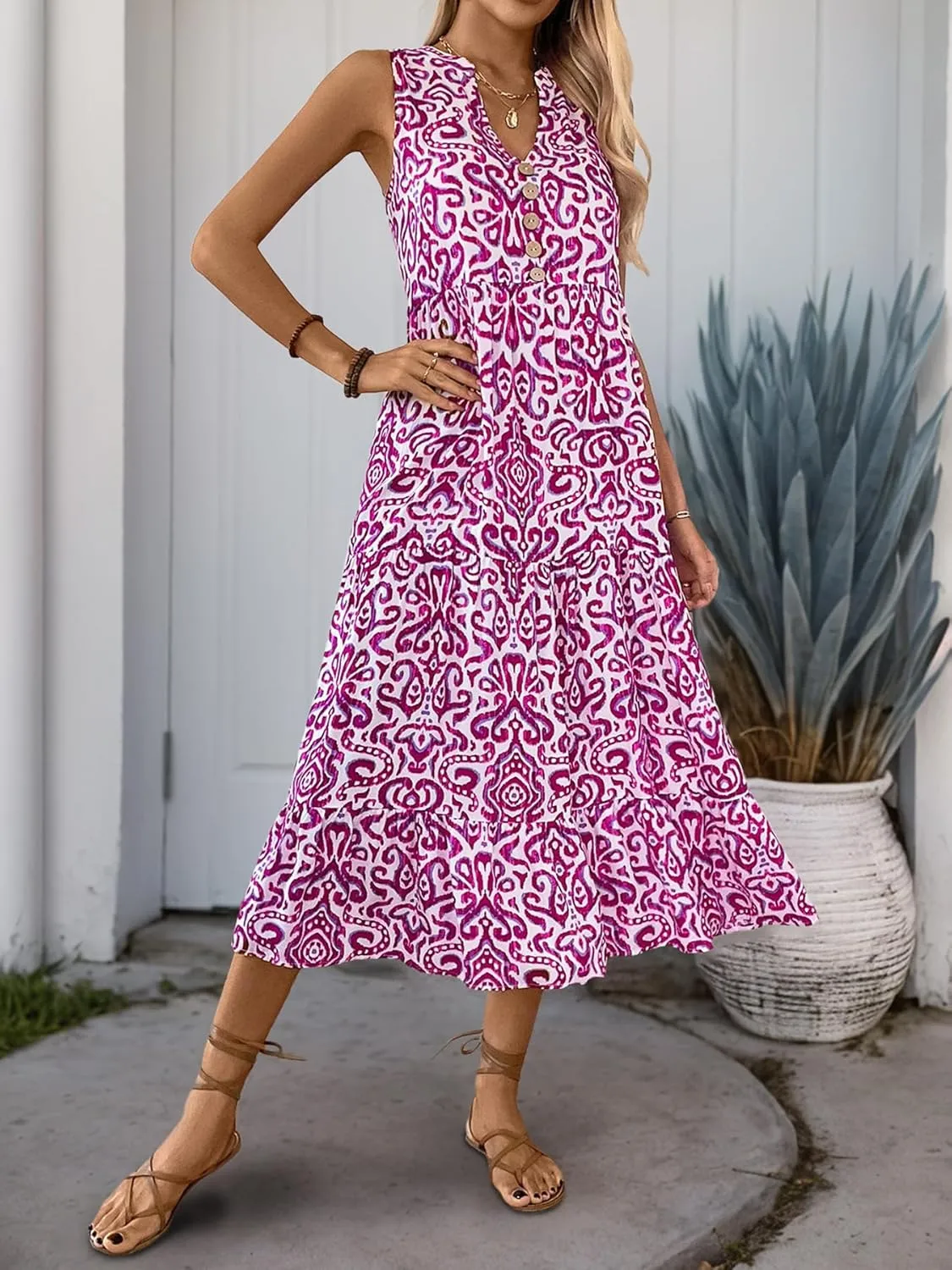 Melliflo Women's Summer Graphic Print Midi Dresses Sleeveless Buttons V Neck Tiered Sundress Casual Loose Fit Beach Dress