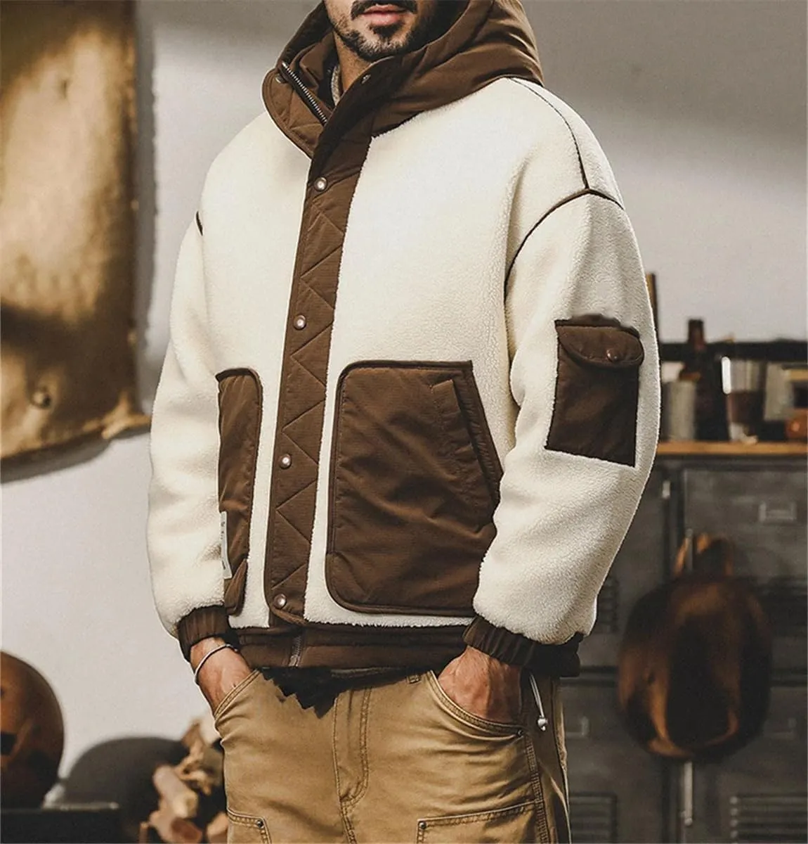 Men Winter Fashion White Duck Down Jacket Contrasted Color Outdoor Warm Coats Loose Hooded Down Overcoats