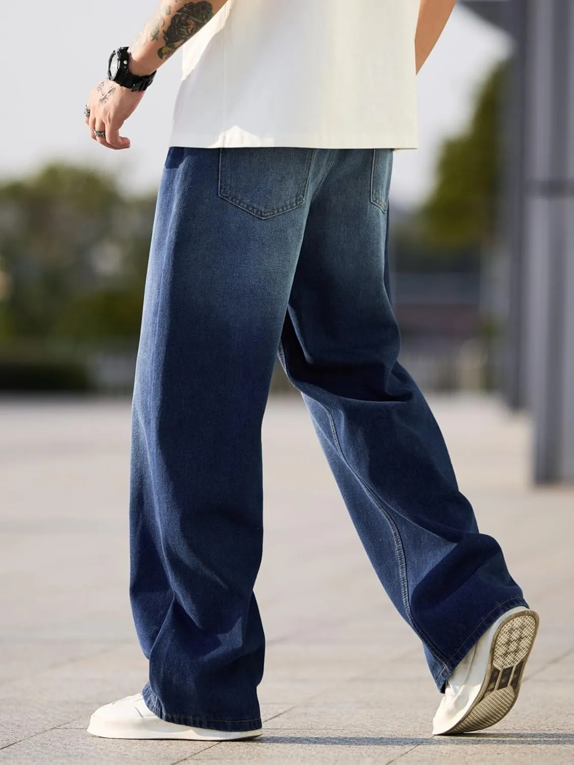 Mens Baggy Jeans Distressed Wide Leg Denim Pants Casual Loose Fit Trousers Streetwear