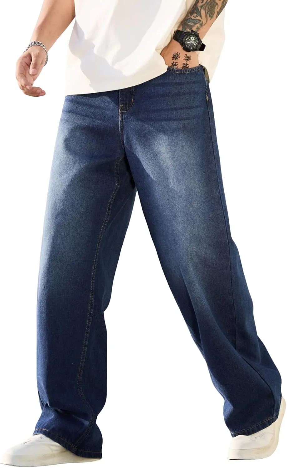 Mens Baggy Jeans Distressed Wide Leg Denim Pants Casual Loose Fit Trousers Streetwear