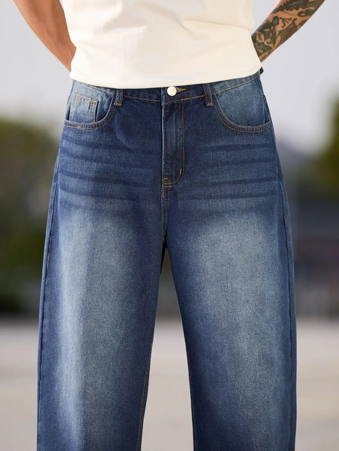 Mens Baggy Jeans Distressed Wide Leg Denim Pants Casual Loose Fit Trousers Streetwear