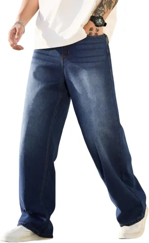 Mens Baggy Jeans Distressed Wide Leg Denim Pants Casual Loose Fit Trousers Streetwear