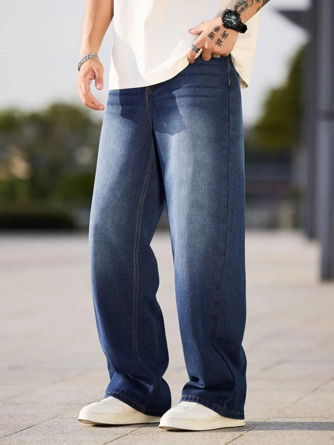 Mens Baggy Jeans Distressed Wide Leg Denim Pants Casual Loose Fit Trousers Streetwear