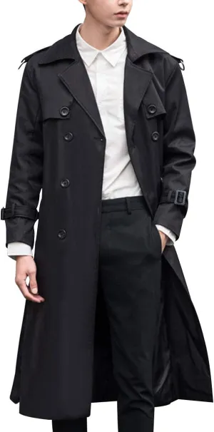 Men's Elegant Over Length Trench Coat Basic Relaxed Fit Double Breasted Jacket Classic Notched Lapel Fleece Lined Plus Size Winter Windbreaker,Black,TAG 8XL(Fits Like US 5XL)