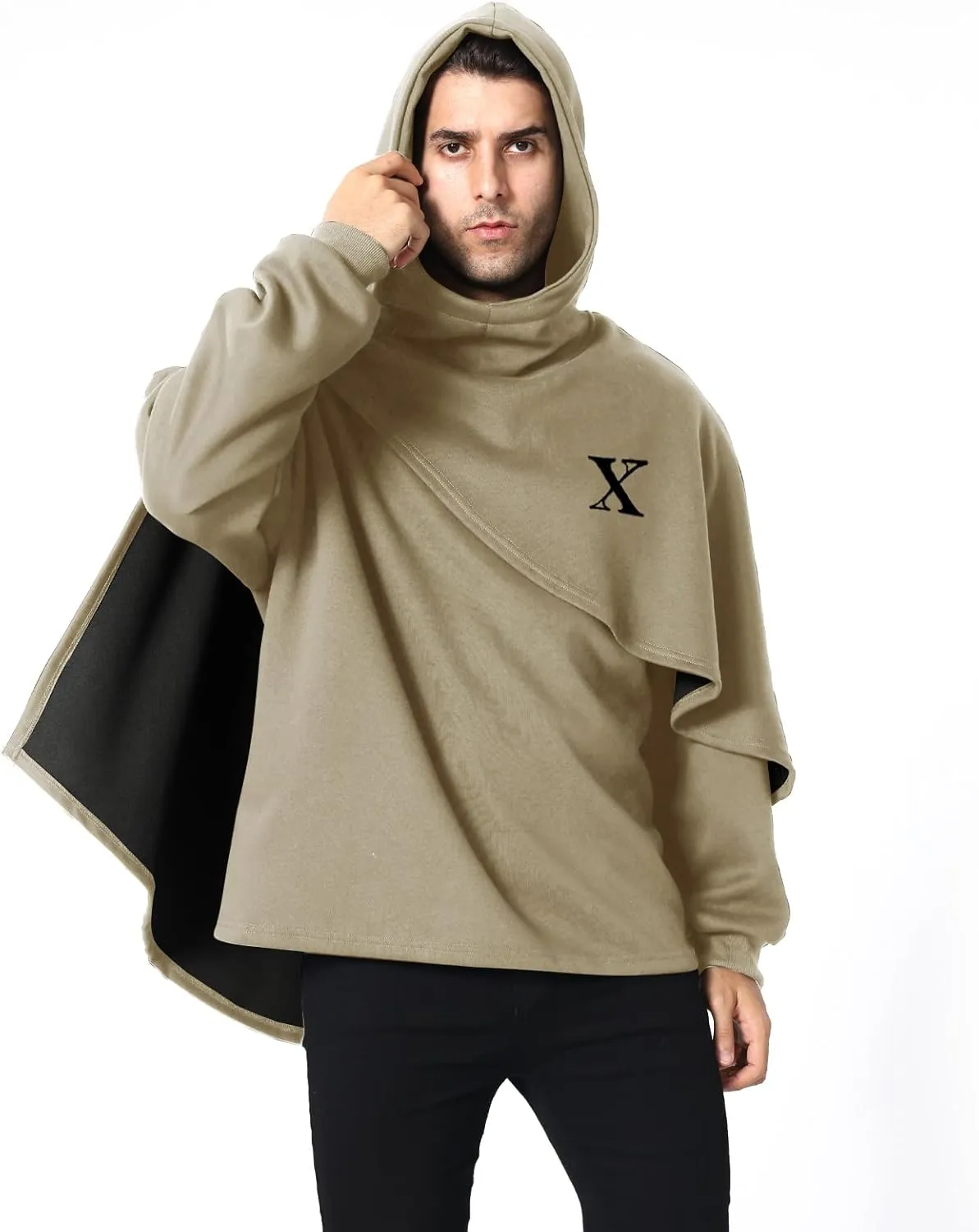 Men's Fashion Poncho Cape Cloak Hoodie Techwear Sweatshirts Unisex Lightweight Patchwork Hip Hop Casual Pullover