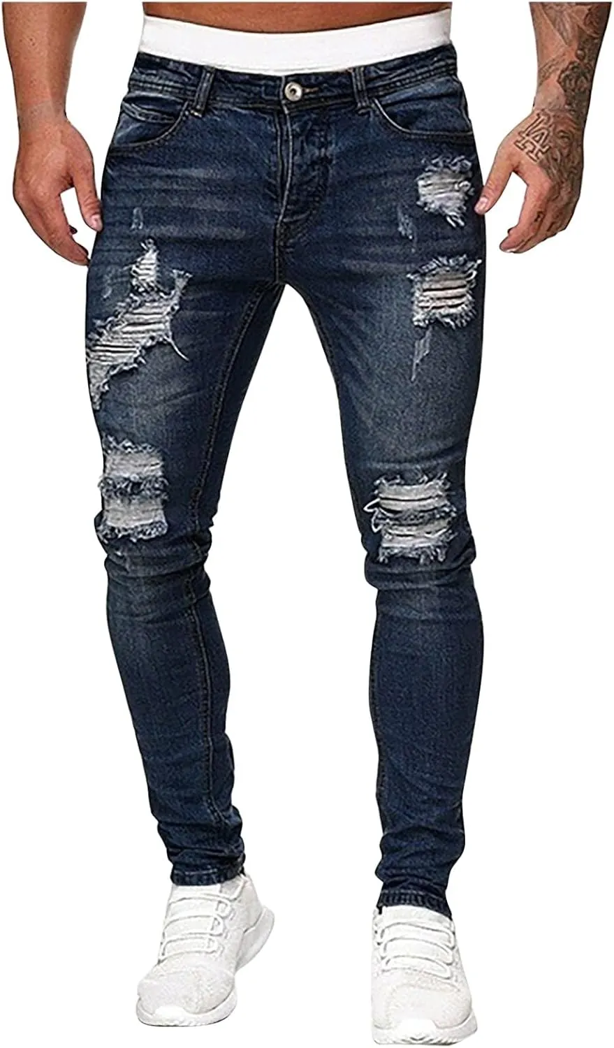 Mens Slim Fit Jeans Stretch Destroyed Ripped Skinny Jeans Big and Tall Denim Pencil Pants Fashion Trousers for Men
