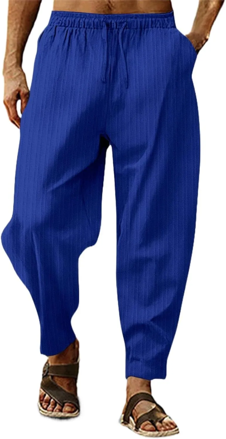 Mens White Linen Casual Pants Elastic Waist Loose Fit Straight-Legs Stretchy Summer Beach Long Baggy Yoga Trousers