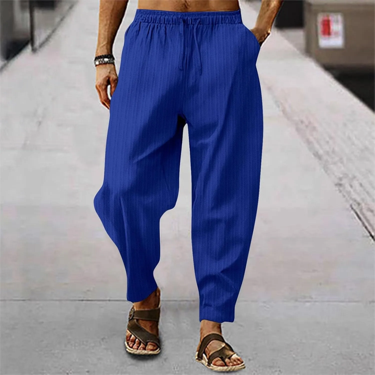Mens White Linen Casual Pants Elastic Waist Loose Fit Straight-Legs Stretchy Summer Beach Long Baggy Yoga Trousers