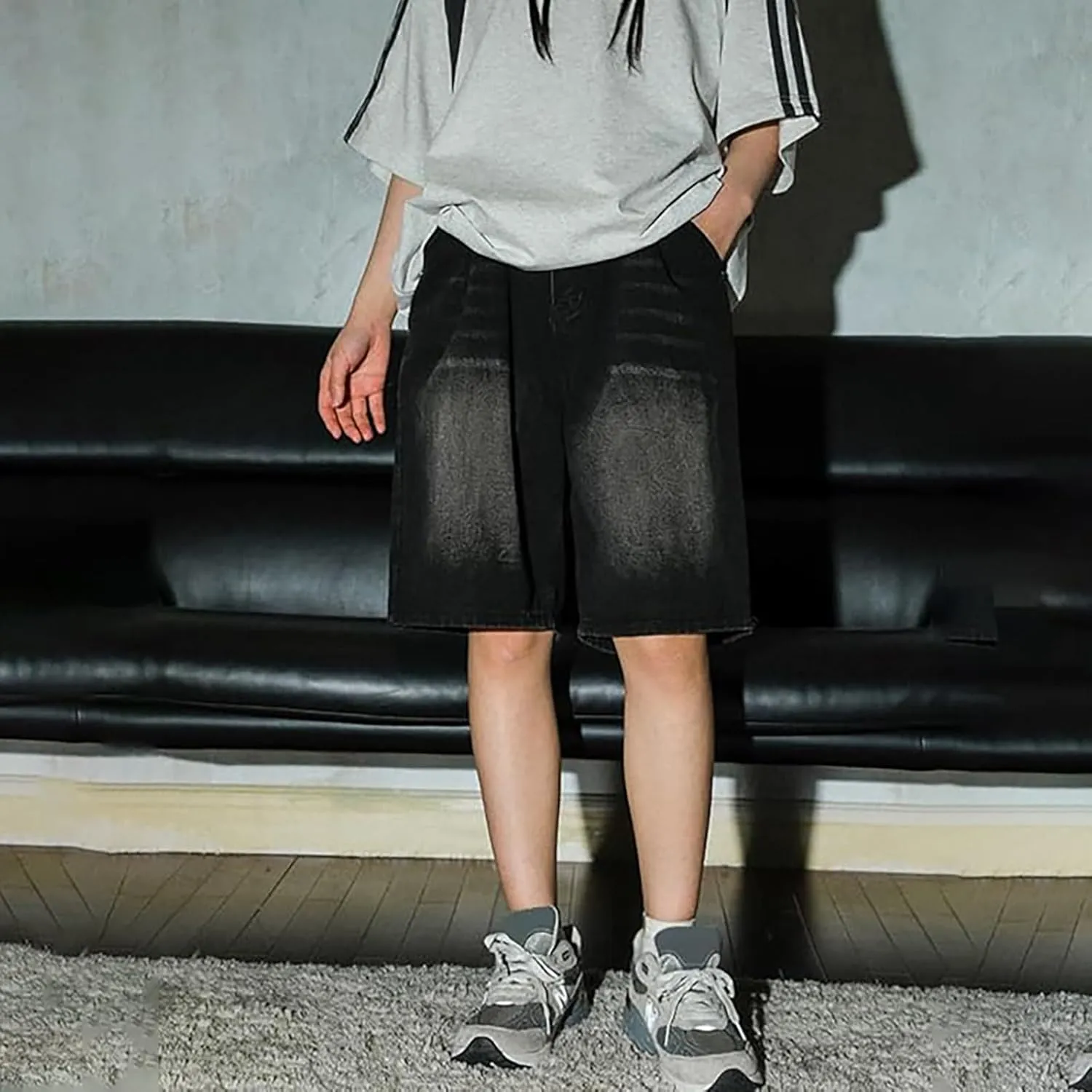 Mens Y2K Grunge Baggy Jean Shorts Casual Hip Hop Cargo Pants Loose Fit Denim Shorts with Pockets