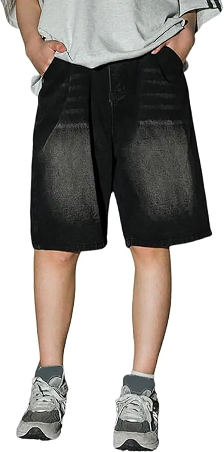 Mens Y2K Grunge Baggy Jean Shorts Casual Hip Hop Cargo Pants Loose Fit Denim Shorts with Pockets